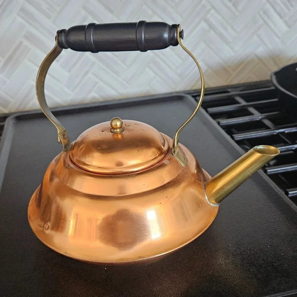 Coppercraft Guild Copper Tea Kettle w/Wrought Iron Warming Stand, vintage 70s